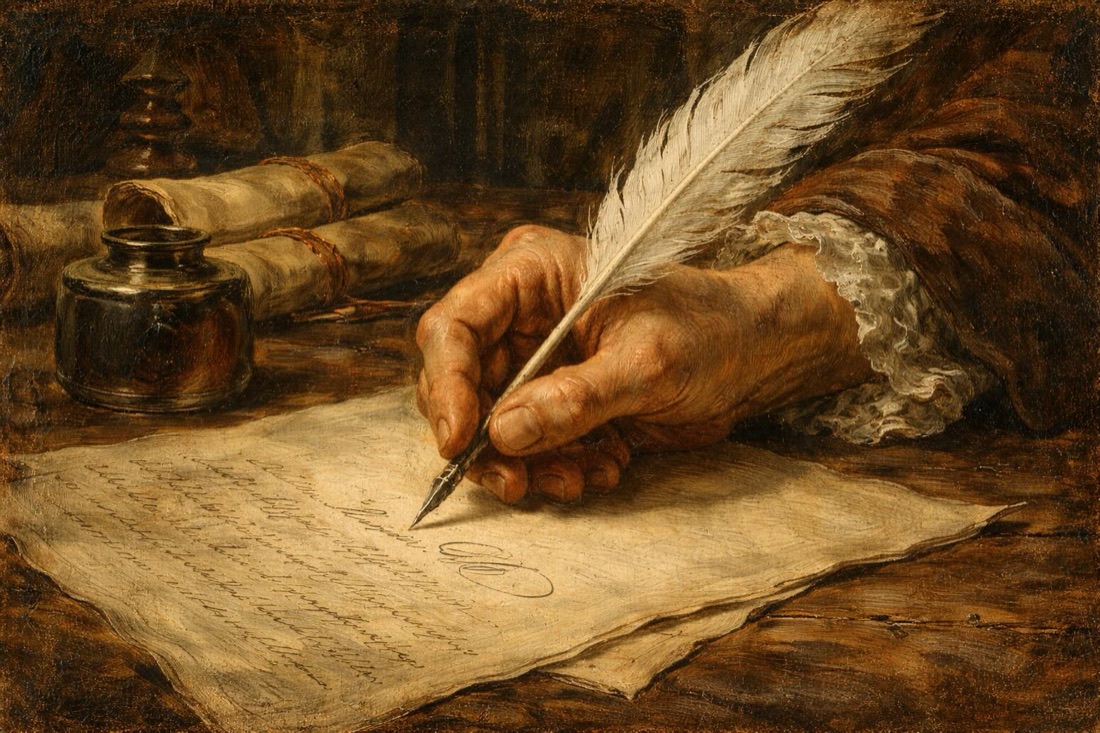 Une main tenant une plume d’oie écrit une lettre.